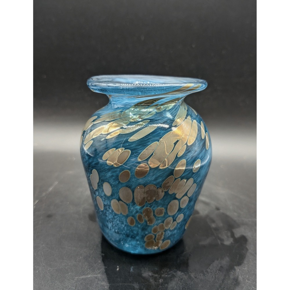 Hand Blown Blue Art Glass Vase Swirl Pebble Pattern Metallic Accents Artisan 6"